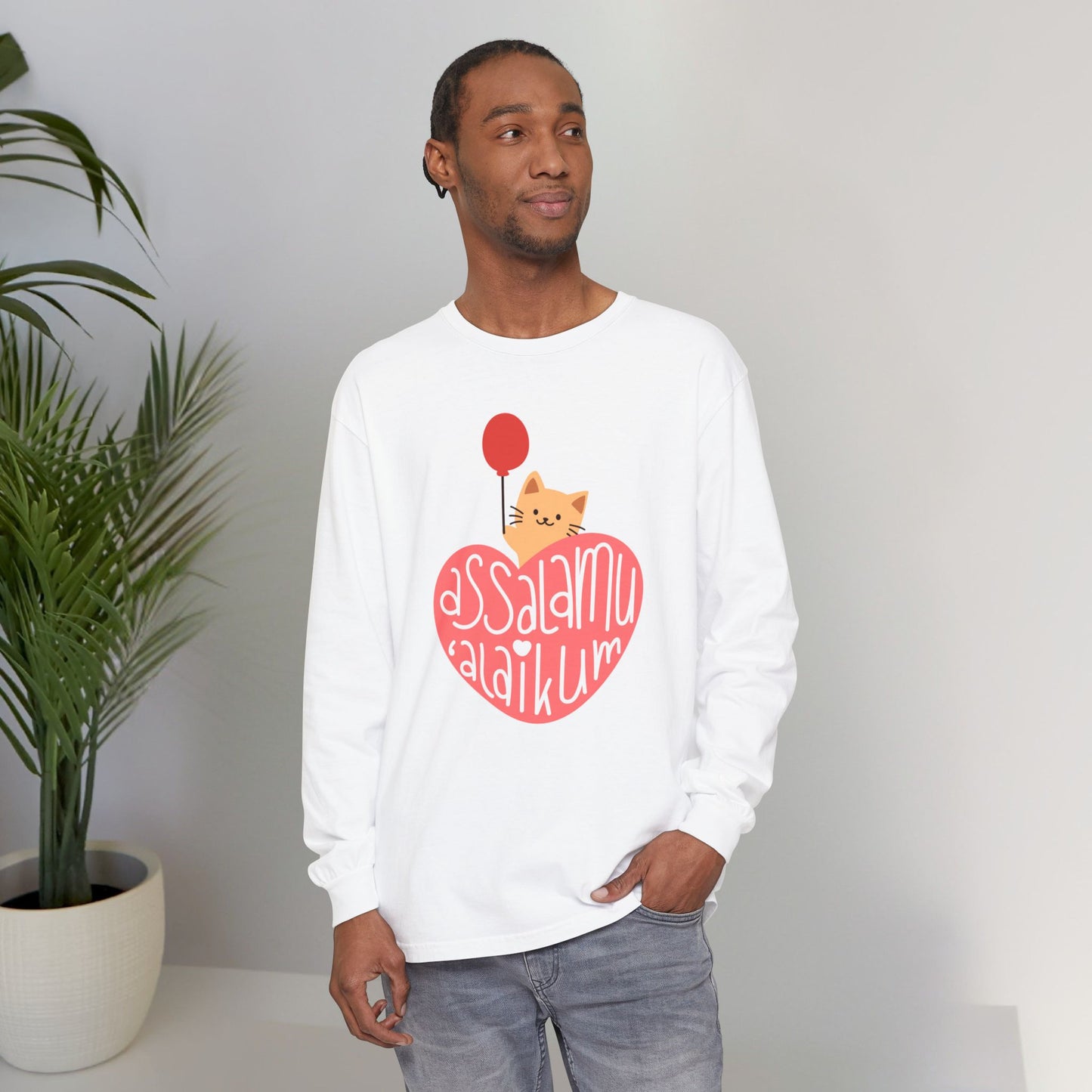 Assalamualaikum Typographic Long Sleeve Tee T-Shirt - Cute Cat Heart Balloon Graphic Cozy Soft Cotton Unisex Long Sleeve Tee