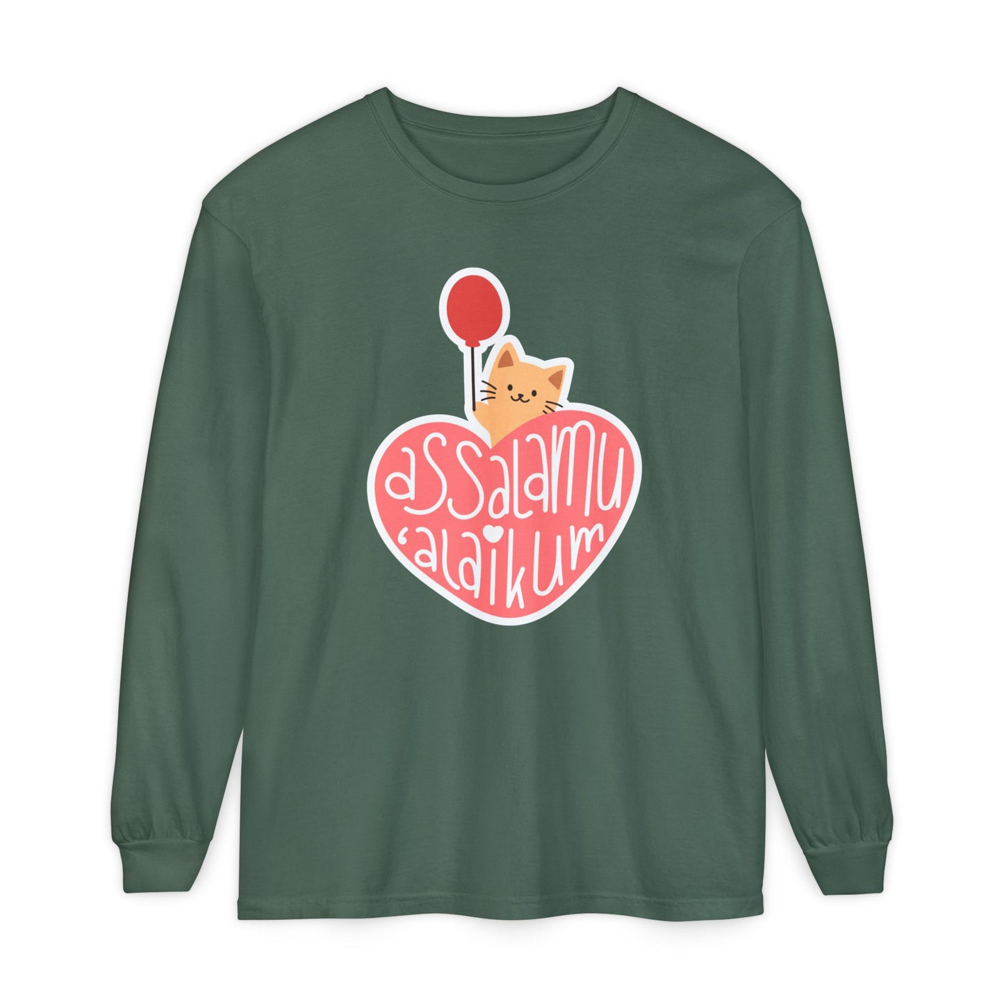 Assalamualaikum Typographic Long Sleeve Tee T-Shirt - Cute Cat Heart Balloon Graphic Cozy Soft Cotton Unisex Long Sleeve Tee