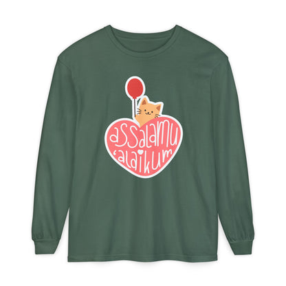 Assalamualaikum Typographic Long Sleeve Tee T-Shirt - Cute Cat Heart Balloon Graphic Cozy Soft Cotton Unisex Long Sleeve Tee