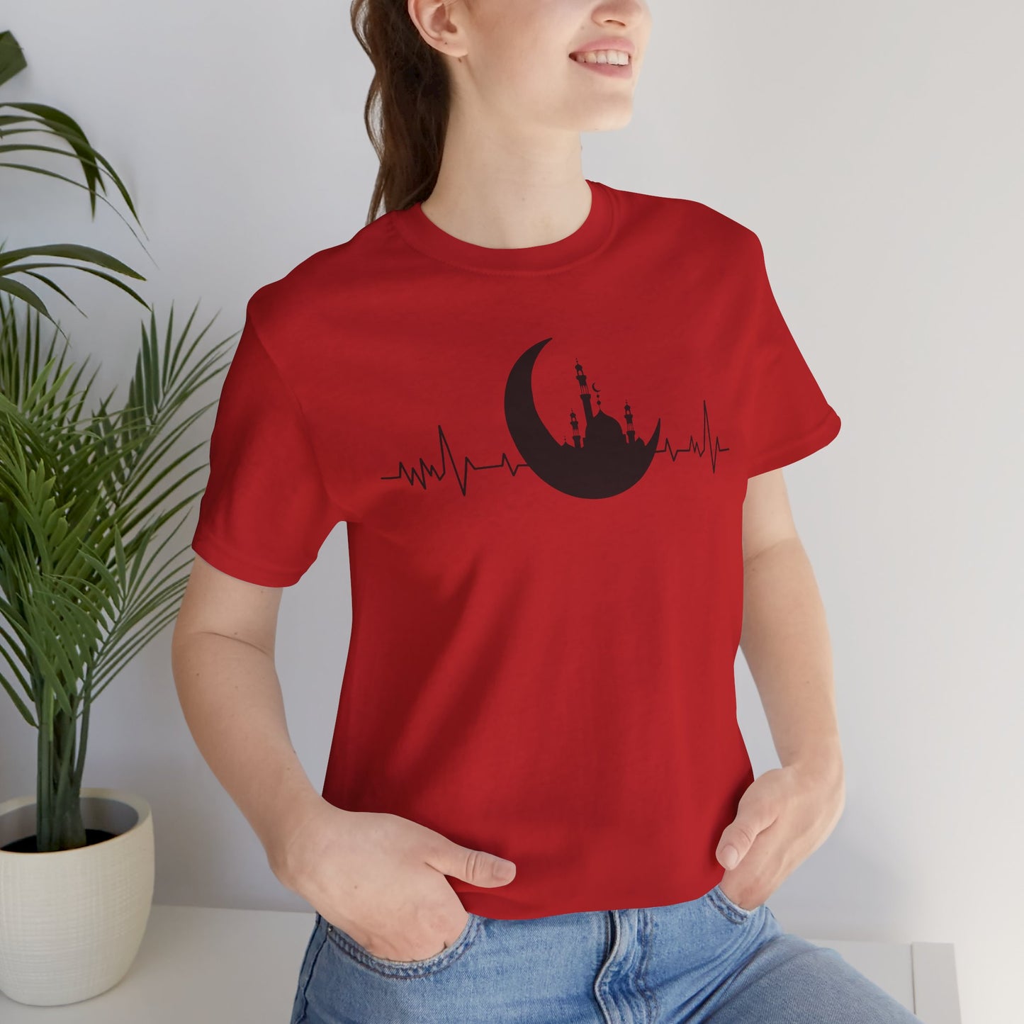 Moonlit Heartbeat Crescent Mosque Graphic Tee T-Shirt - Cozy Soft Cotton Graphic Unisex Tee