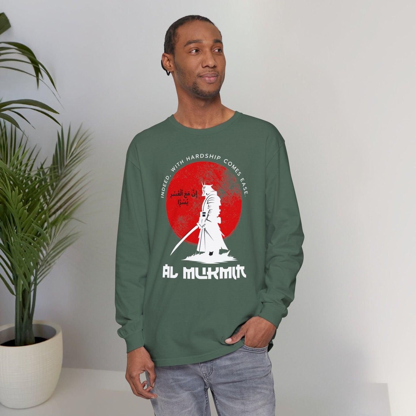 Indeed with Hardship Comes Ease Typographic Long Sleeve Tee T-Shirt - Cozy Soft Cotton Unisex Samurai Statement Long Sleeve Tee