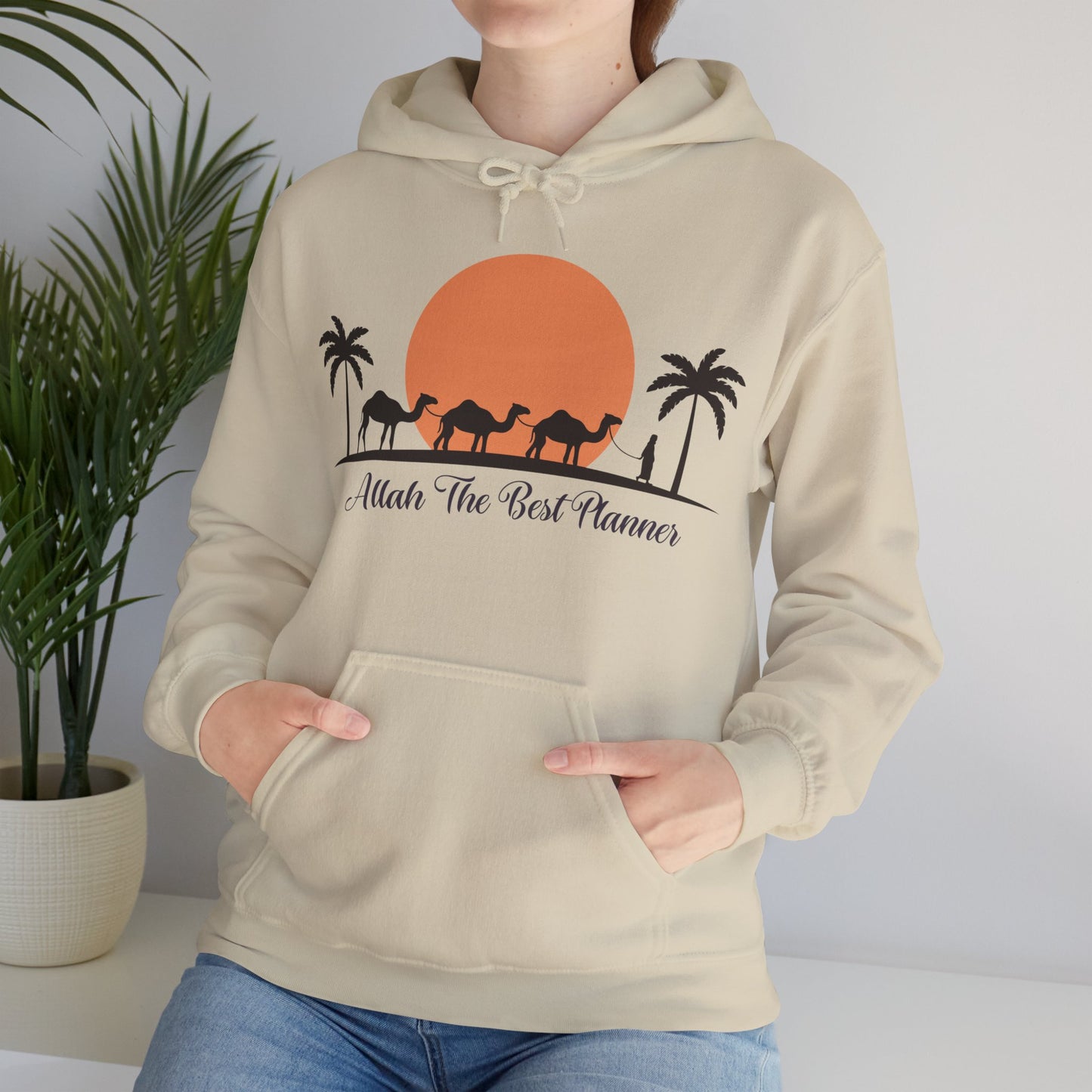 Allah Is The Best Planner Typographic Hoodie - Camel Travel in Desert Cozy Soft Cotton Unisex Hoodie