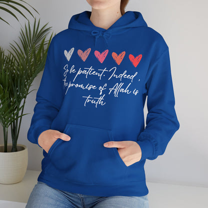 So be Patient. Indeed, the Promise of Allah is Truth Al Quranic Typographic Hoodie - Cozy Soft Cotton Unisex Hoodie