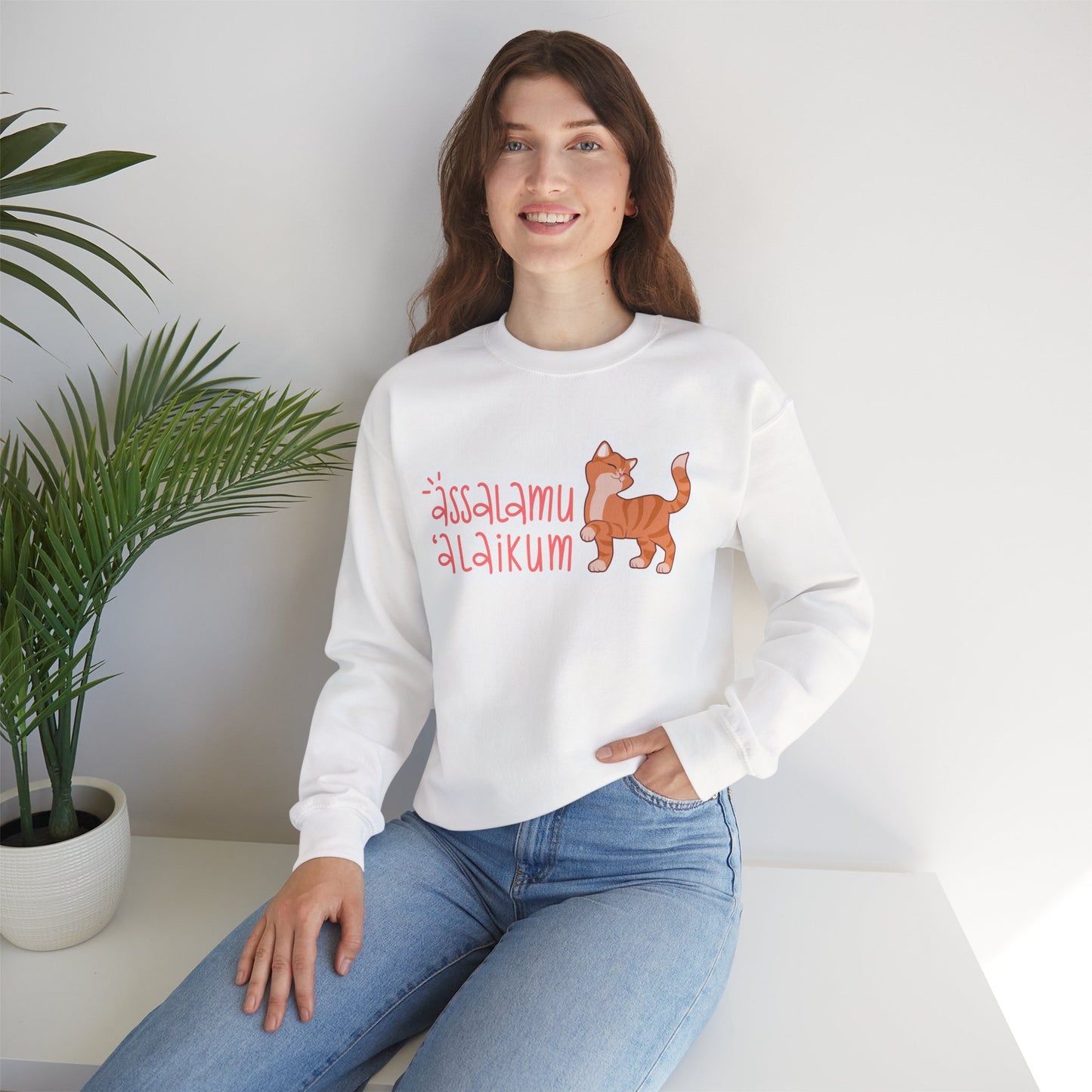Assalamualaikum Typographic Sweatshirt - Cute Cat Smug Graphic Cozy Soft Cotton Unisex Sweatshirt