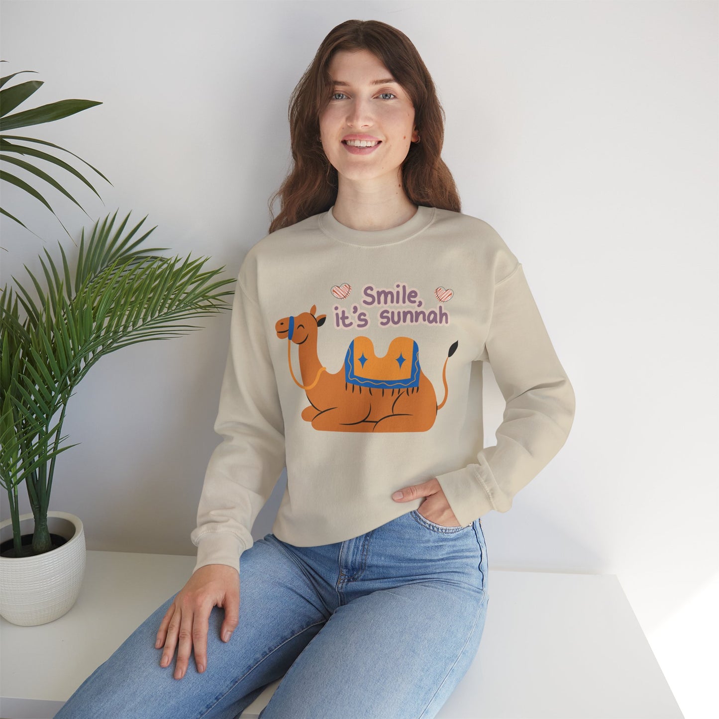Smile Its Sunnah Typographic Sweatshirt - Cute Camel Smiling Cozy Soft Cotton Unisex Sweatshirt