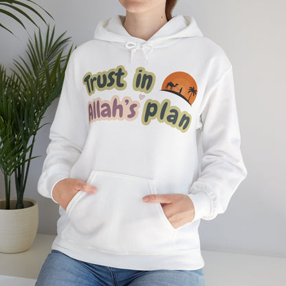 Trust in Allah's Plan Typographic Hoodie - Camel Travel in Desert Cozy Soft Cotton Unisex Hoodie