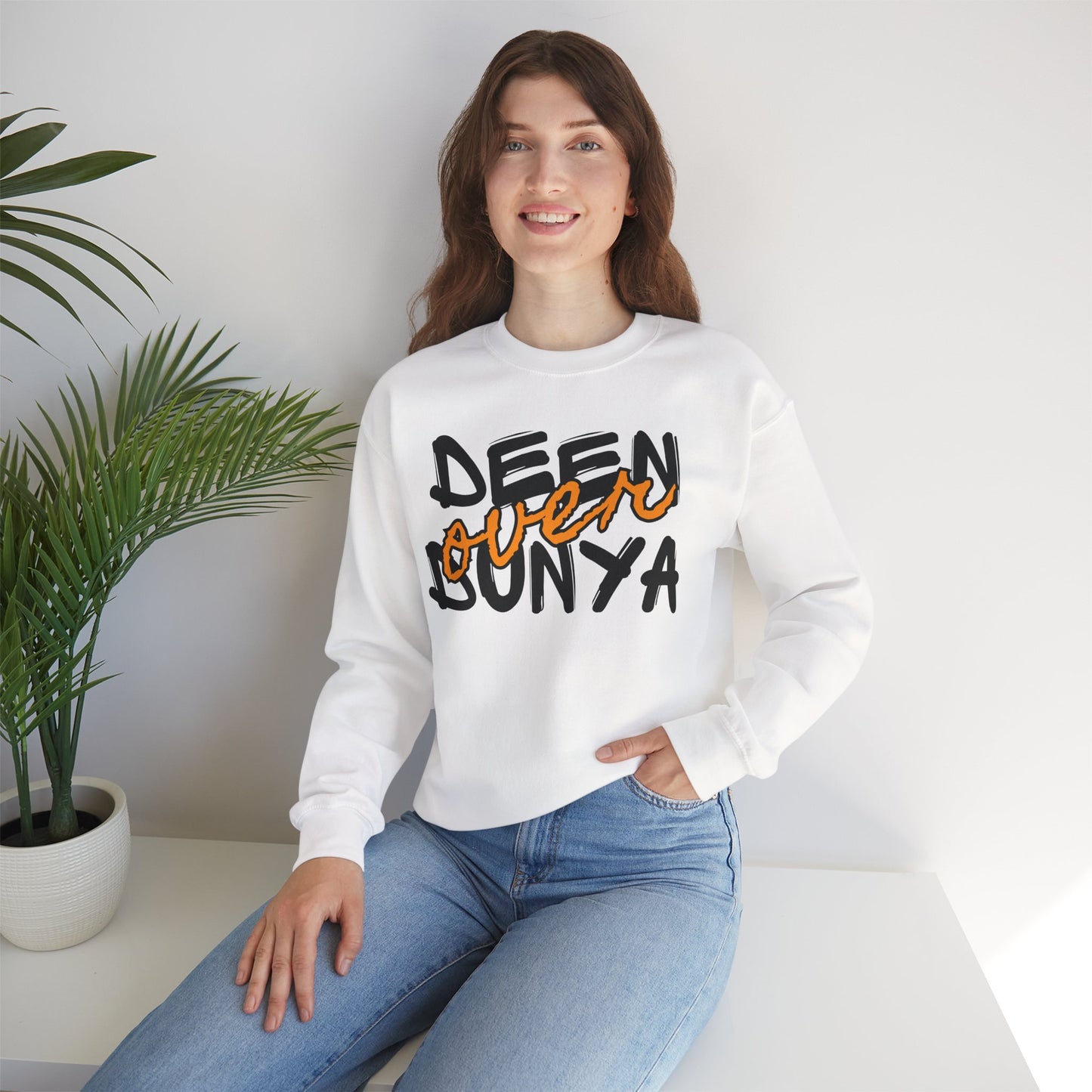 Deen Over Dunya Typographic Sweatshirt - Cozy Soft Cotton Unisex Statement Sweatshirt