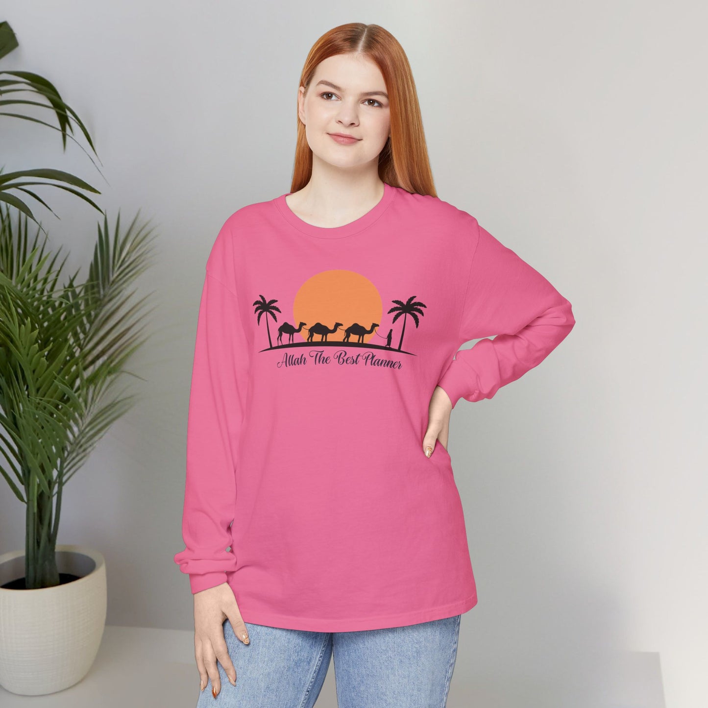 Allah Is The Best Planner Typographic Long Sleeve Tee T-Shirt - Camel Travel in Desert Cozy Soft Cotton Unisex Long Sleeve Tee