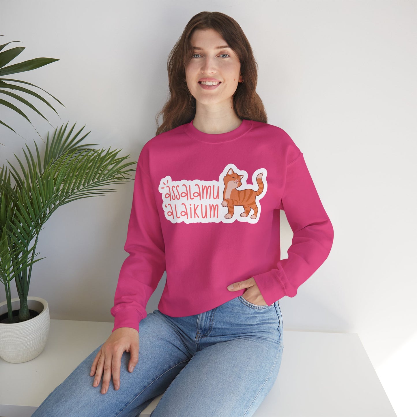 Assalamualaikum Typographic Sweatshirt - Cute Cat Smug Graphic Cozy Soft Cotton Unisex Sweatshirt