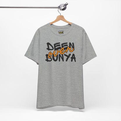Deen Over Dunya Typographic Tee T-Shirt - Cozy Soft Cotton Unisex Statement Tee