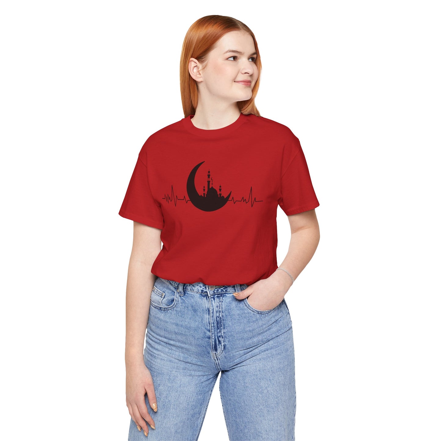 Moonlit Heartbeat Crescent Mosque Graphic Tee T-Shirt - Cozy Soft Cotton Graphic Unisex Tee