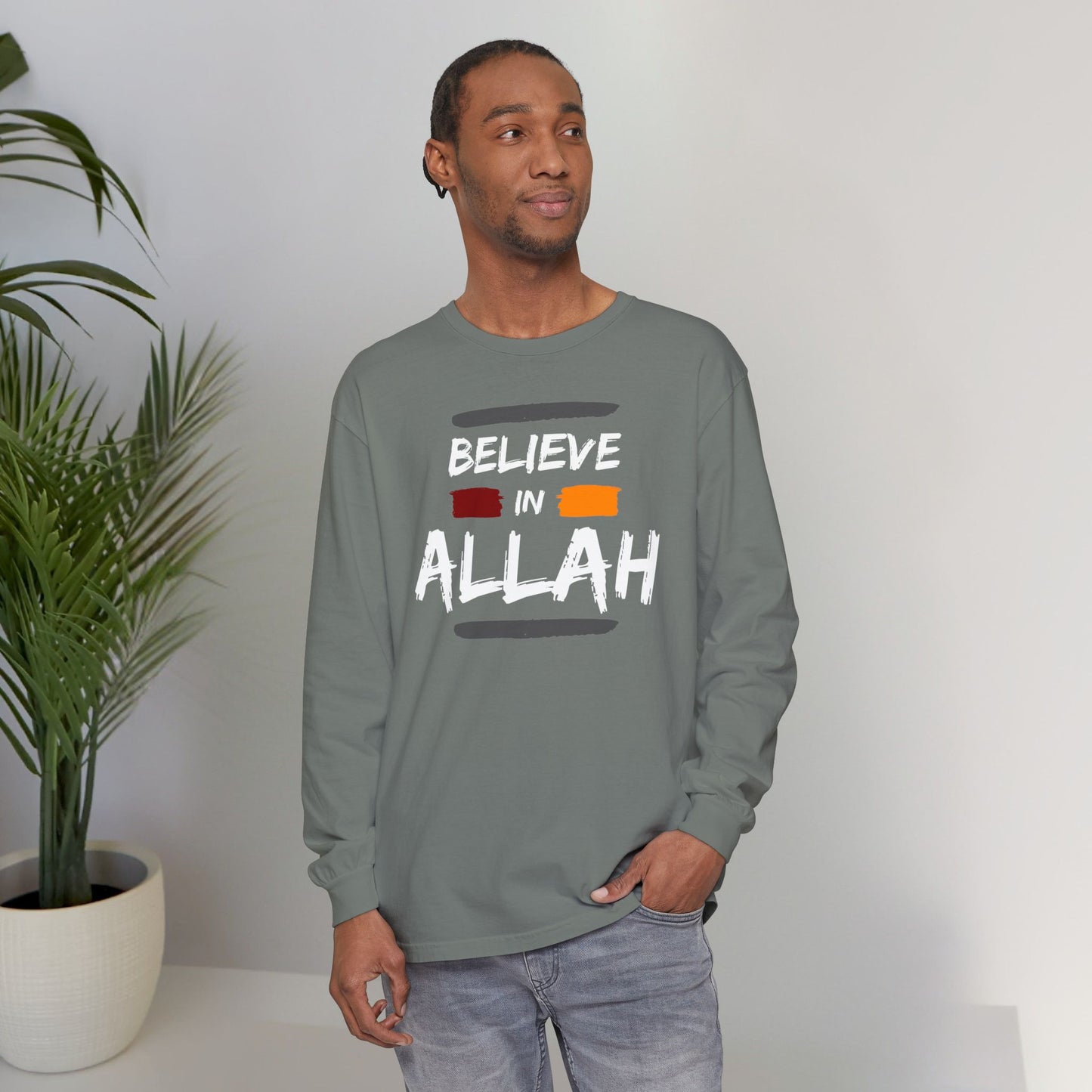 Believe in Allah Typographic Long Sleeve Tee T-Shirt - Cozy Soft Cotton Unisex Statement Long Sleeve Tee
