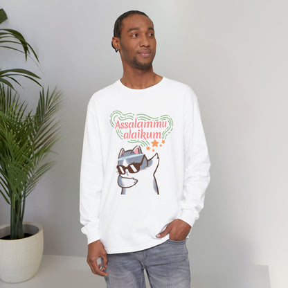 Assalamualaikum Typographic Long Sleeve Tee T-Shirt - Cat Sunglasses Graphic Cozy Soft Cotton Unisex Long Sleeve Tee