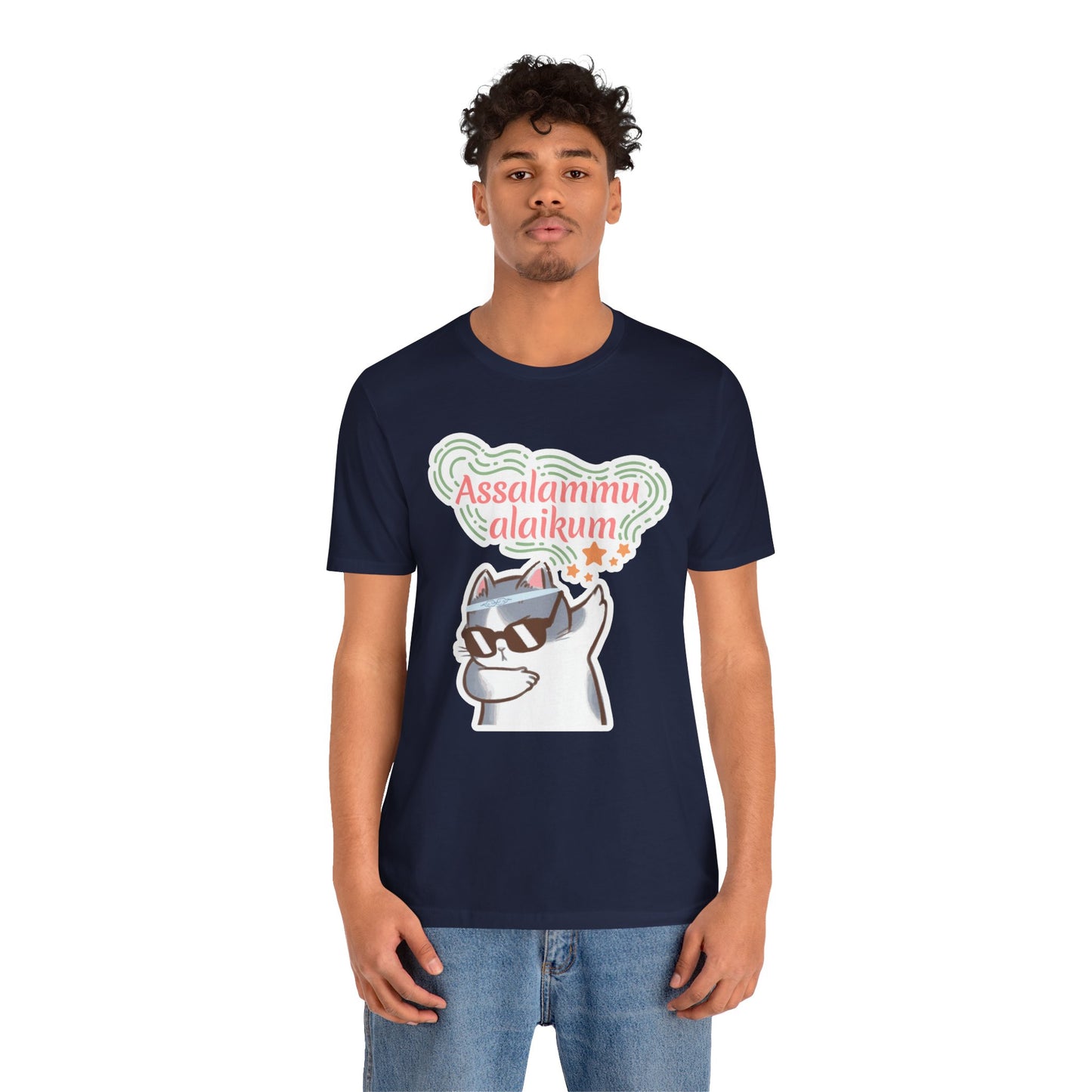 Assalamualaikum Typographic Tee T-Shirt - Cat Sunglasses Graphic Cozy Soft Cotton Unisex Tee
