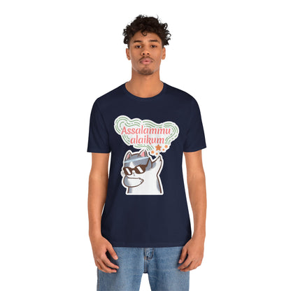 Assalamualaikum Typographic Tee T-Shirt - Cat Sunglasses Graphic Cozy Soft Cotton Unisex Tee
