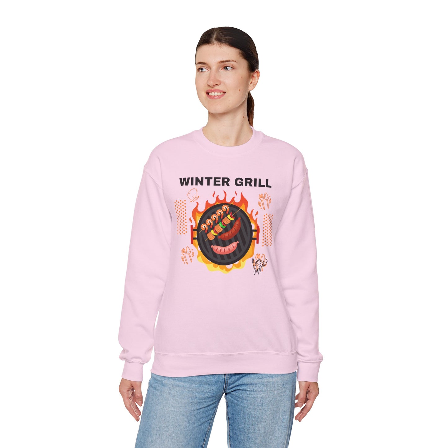 Winter Grill Typographic Sweatshirt - Cozy Soft Cotton Unisex Sausage Graphic Sweatshirt