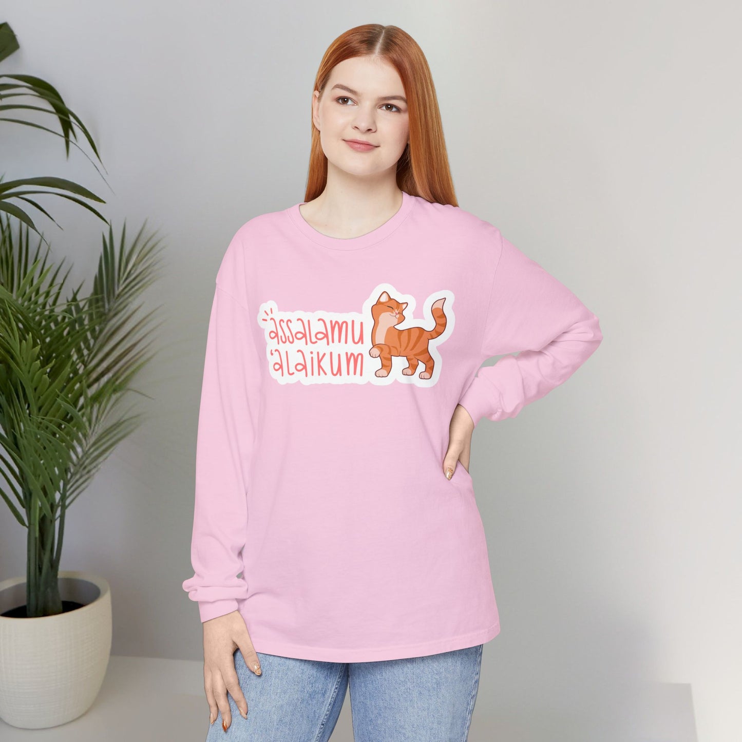 Assalamualaikum Typographic Long Sleeve Tee T-Shirt - Cute Cat Smug Graphic Cozy Soft Cotton Unisex Long Sleeve Tee