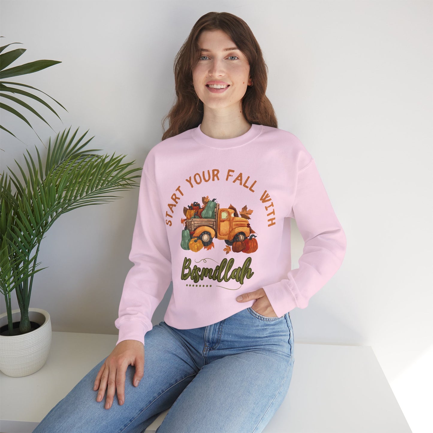 Start Your Fall with Bismillah Graphic Sweatshirt - Cozy Autumn Cute Truck Pumpkin Graphic Unisex Sweatshirt