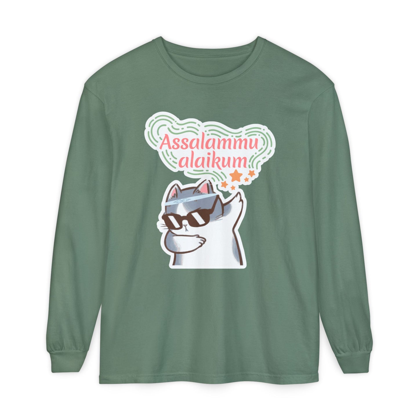 Assalamualaikum Typographic Long Sleeve Tee T-Shirt - Cat Sunglasses Graphic Cozy Soft Cotton Unisex Long Sleeve Tee