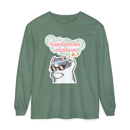 Assalamualaikum Typographic Long Sleeve Tee T-Shirt - Cat Sunglasses Graphic Cozy Soft Cotton Unisex Long Sleeve Tee