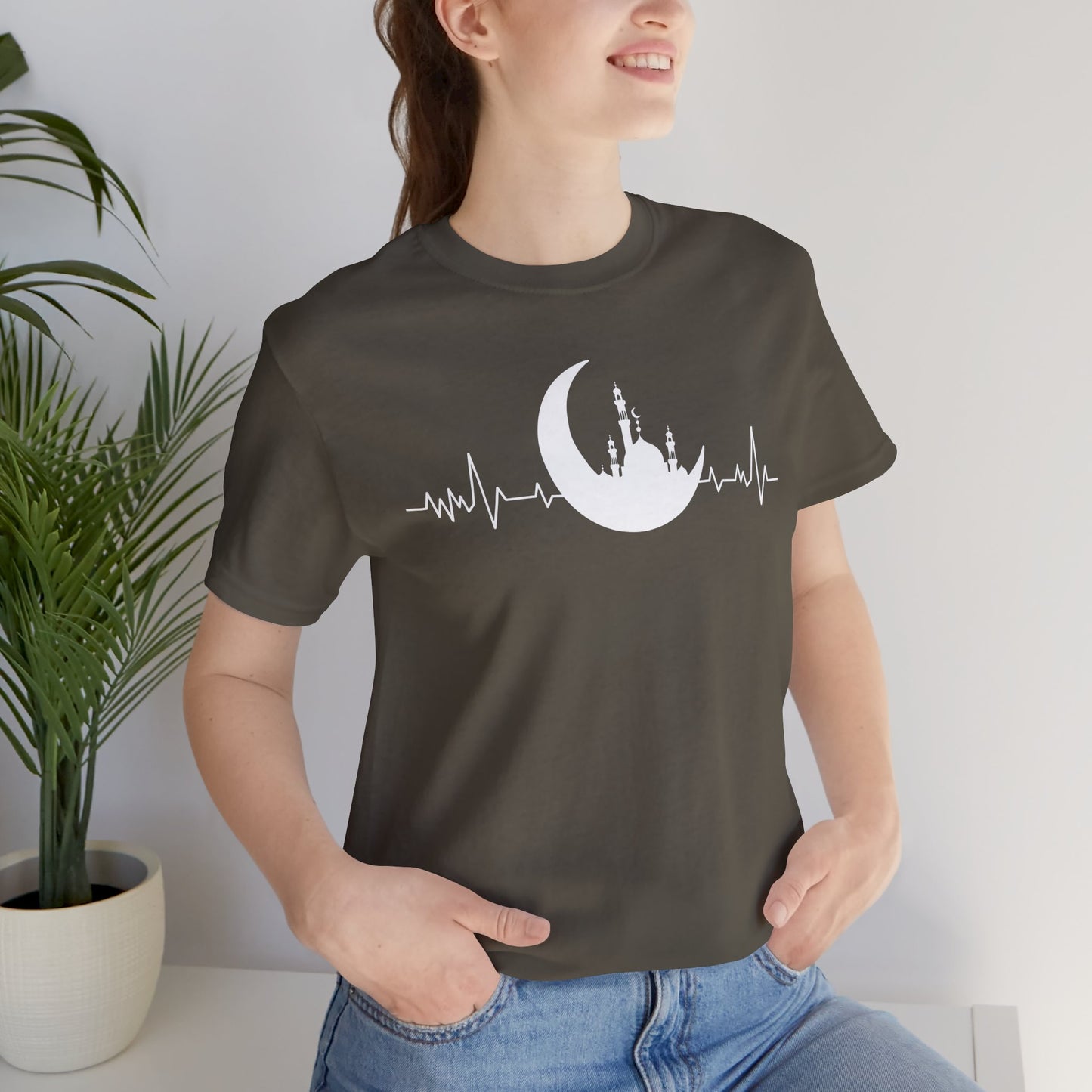 Moonlit Heartbeat Crescent Mosque Graphic Tee T-Shirt - Cozy Soft Cotton Graphic Unisex Tee