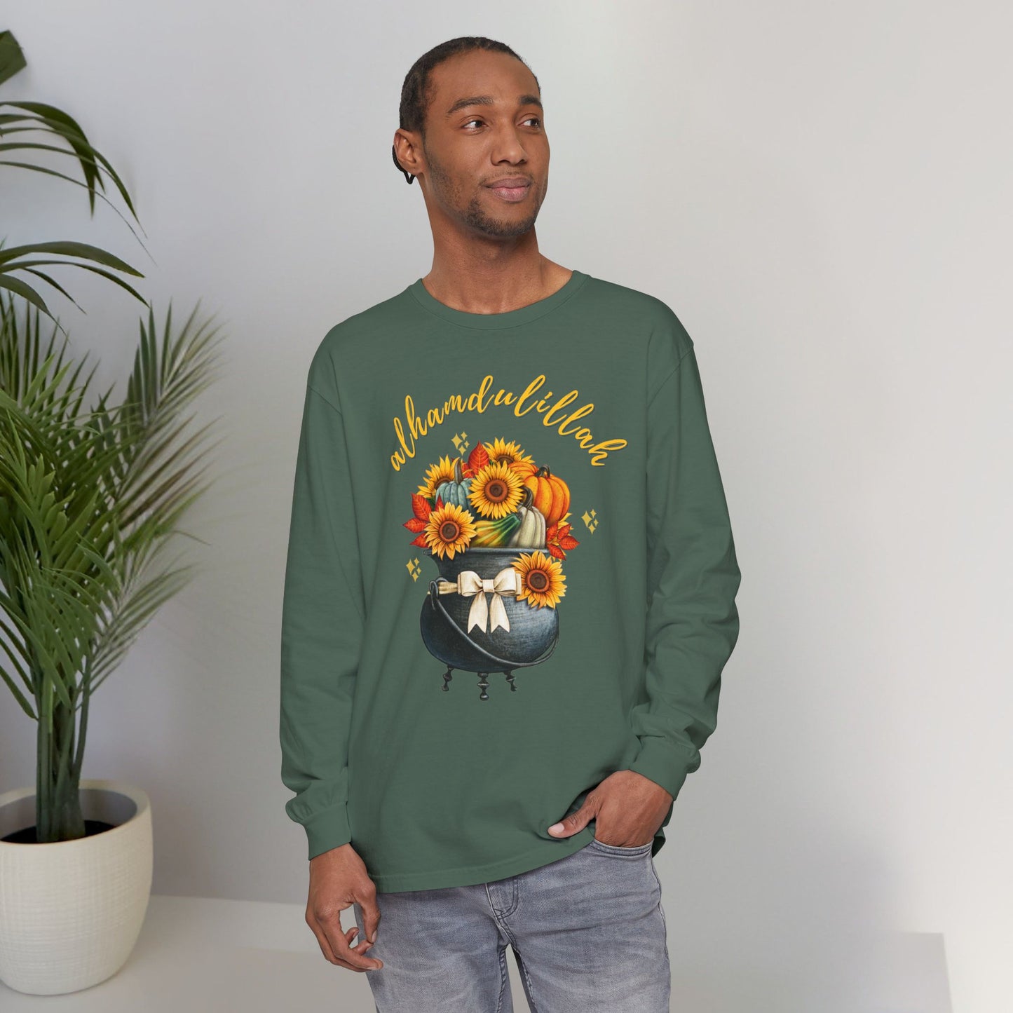 Alhamdulillah Classic Pot Floral Gratitude Graphic Long-Sleeve T-Shirt - Alhamdulillah Typography Islamic Unisex Tee