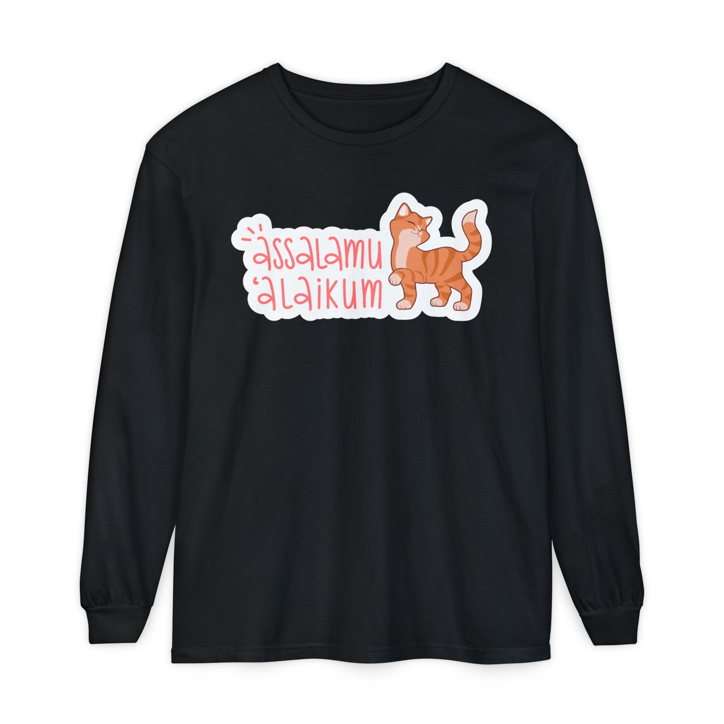Assalamualaikum Typographic Long Sleeve Tee T-Shirt - Cute Cat Smug Graphic Cozy Soft Cotton Unisex Long Sleeve Tee