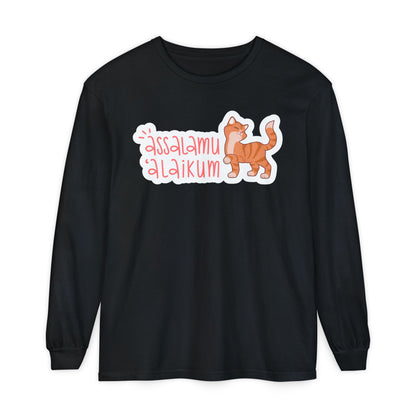 Assalamualaikum Typographic Long Sleeve Tee T-Shirt - Cute Cat Smug Graphic Cozy Soft Cotton Unisex Long Sleeve Tee