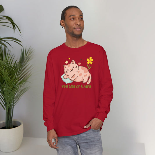 Nap Is Part Of Sunnah Typographic Long Sleeve Tee T-Shirt - Chubby Sleeping Cat Cozy Soft Cotton Unisex Long Sleeve Tee