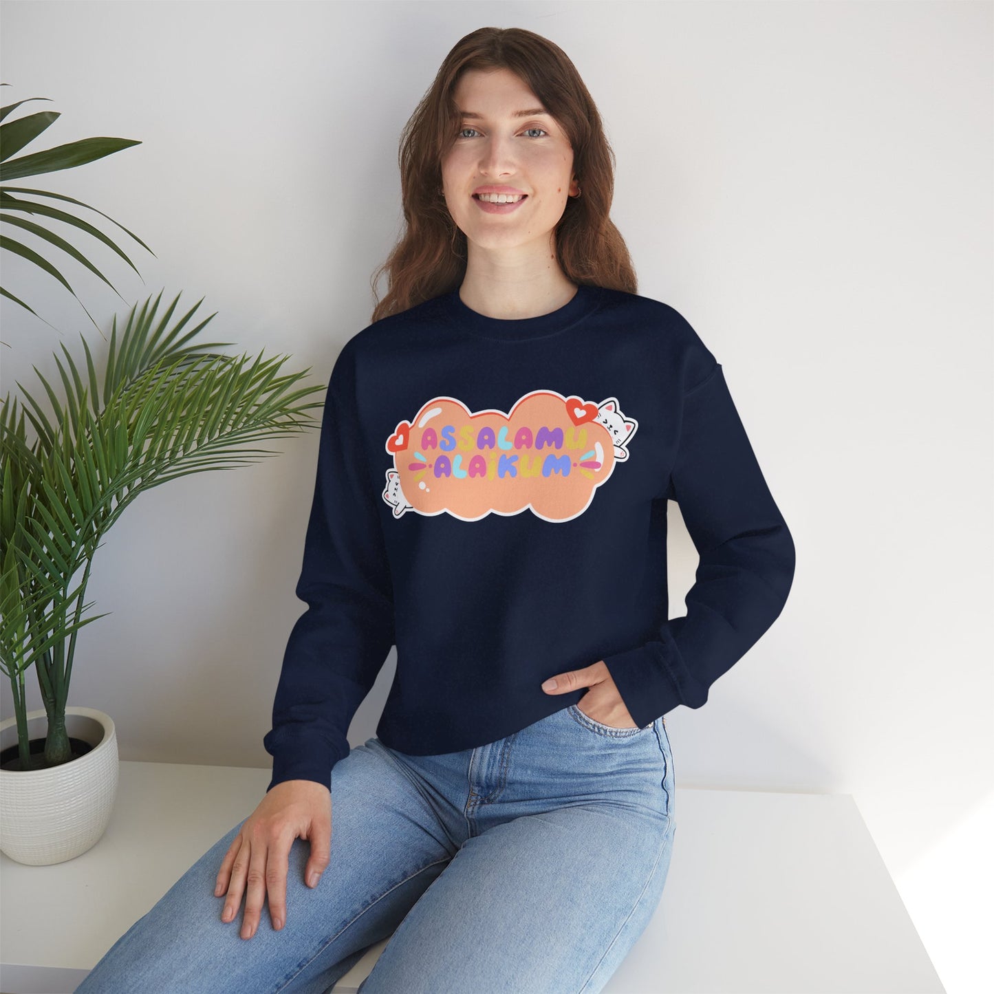 Assalamualaikum Typographic Sweatshirt - Cute Cat Lover Graphic Cozy Soft Cotton Unisex Sweatshirt