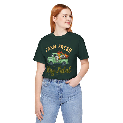 Farm Fresh Stay Halal Graphic Tee T-Shirt - Soft Cozy Cute Pumpkin Truck Graphic Unisex Tee