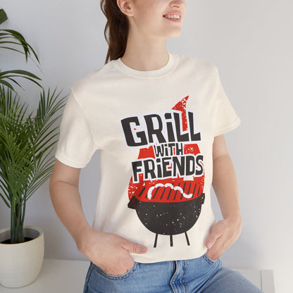 Grill with Friends Typographic Tee T-Shirt - Cozy Soft Cotton Unisex Sausage Graphic Tee T-Shirt