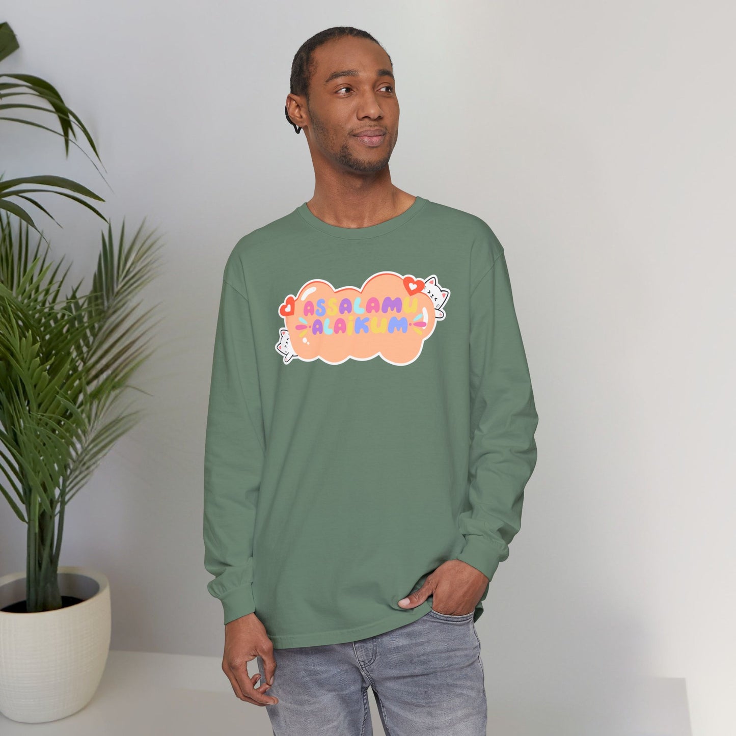 Assalamualaikum Typographic Long Sleeve Tee T-Shirt - Cute Cat Lover Graphic Cozy Soft Cotton Unisex Long Sleeve Tee