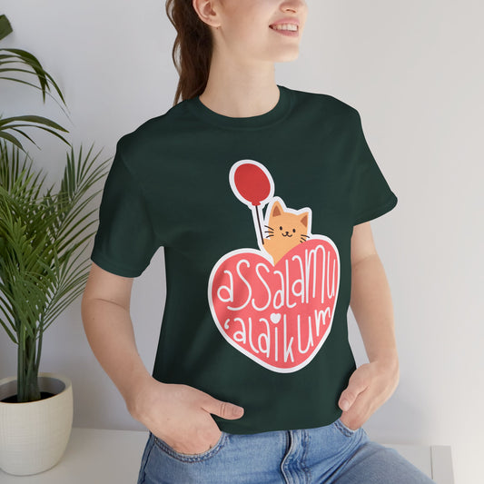 Assalamualaikum Typographic Tee T-Shirt - Cute Cat Heart Balloon Graphic Cozy Soft Cotton Unisex Tee