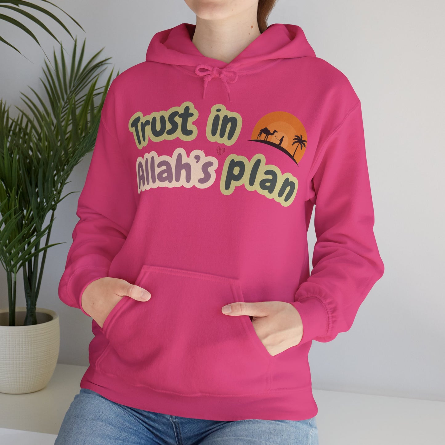 Trust in Allah's Plan Typographic Hoodie - Camel Travel in Desert Cozy Soft Cotton Unisex Hoodie