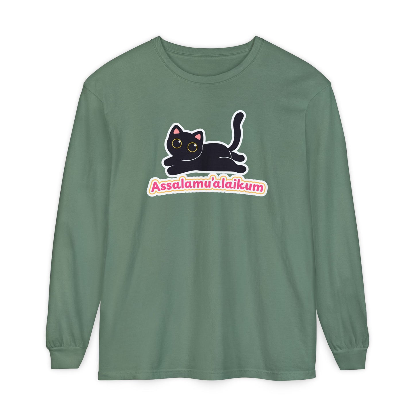 Assalamualaikum Typographic Long Sleeve Tee T-Shirt - Cute Black Cat Graphic Cozy Soft Cotton Unisex Long Sleeve Tee
