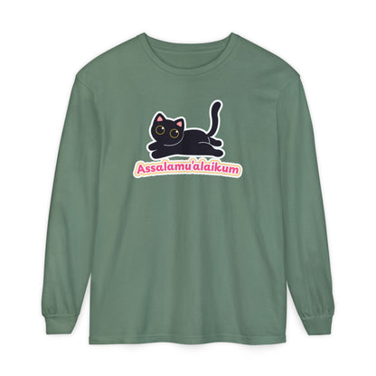 Assalamualaikum Typographic Long Sleeve Tee T-Shirt - Cute Black Cat Graphic Cozy Soft Cotton Unisex Long Sleeve Tee