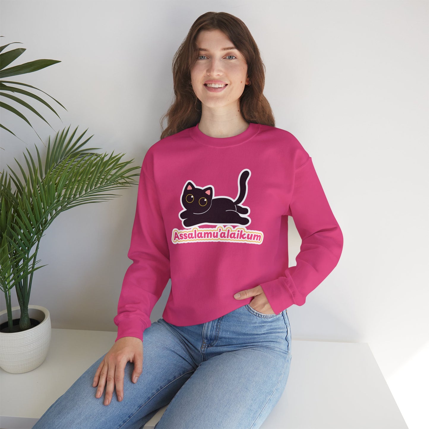 Assalamualaikum Typographic Sweatshirt - Cute Black Cat Graphic Cozy Soft Cotton Unisex Sweatshirt