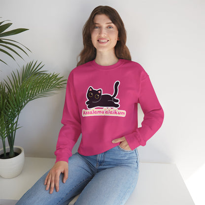 Assalamualaikum Typographic Sweatshirt - Cute Black Cat Graphic Cozy Soft Cotton Unisex Sweatshirt