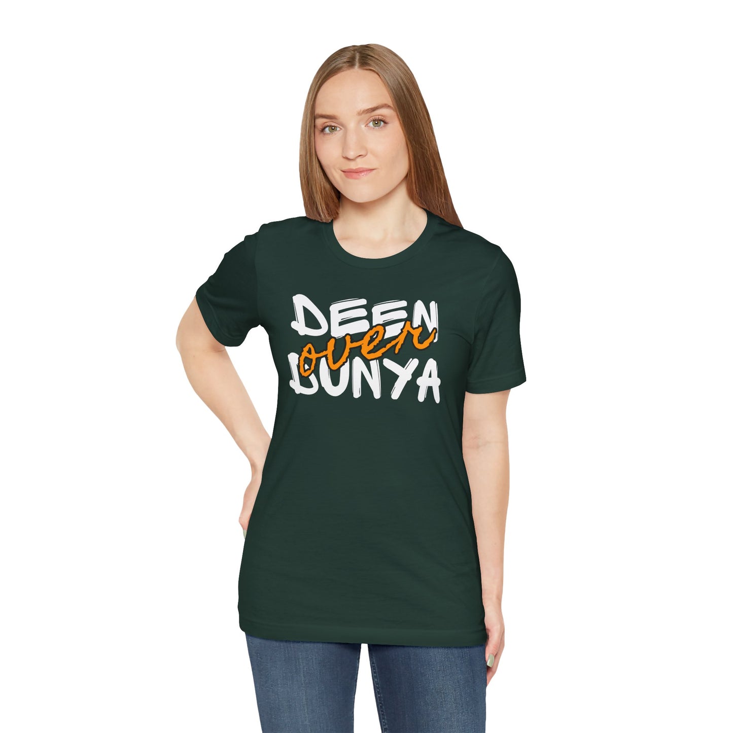 Deen Over Dunya Typographic Tee T-Shirt - Cozy Soft Cotton Unisex Statement Tee