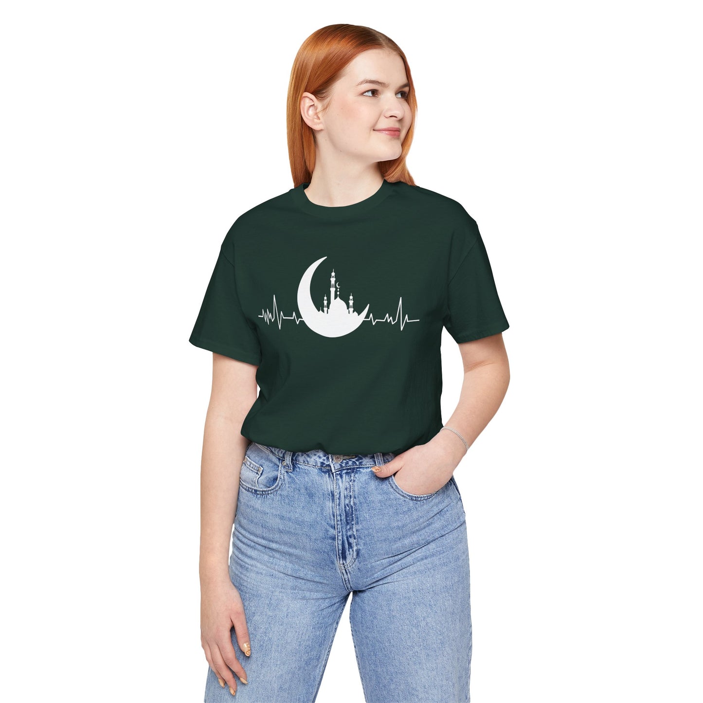 Moonlit Heartbeat Crescent Mosque Graphic Tee T-Shirt - Cozy Soft Cotton Graphic Unisex Tee