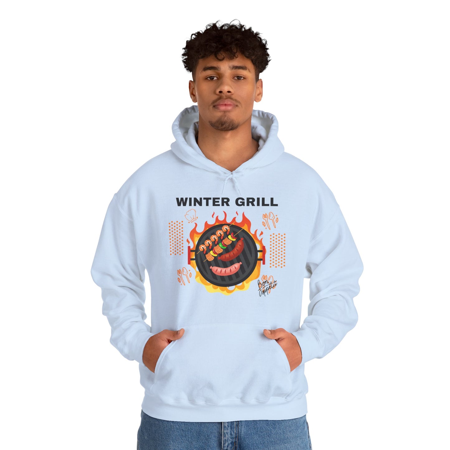 Winter Grill Typographic Hoodie - Cozy Soft Cotton Unisex Sausage Graphic Hoodie