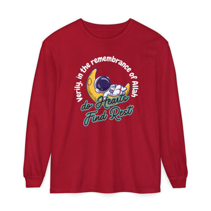 Verily In The Remembrance of Allah Do Hearts Find Rest Long-Sleeve T-Shirt - Astronaut Moon Islamic Graphic Soft Cotton Unisex Long-Sleeve Tee T-Shirt