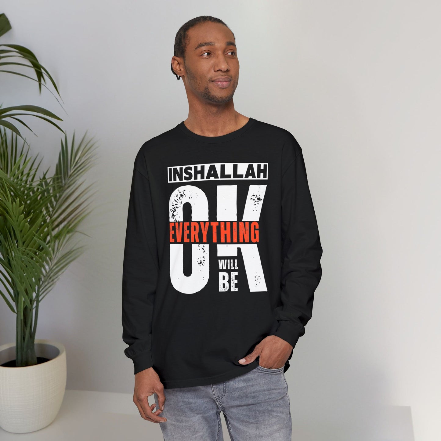 Inshallah Everything OK Typographic Long Sleeve Tee T-Shirt - Cozy Soft Cotton Unisex Long Sleeve Tee