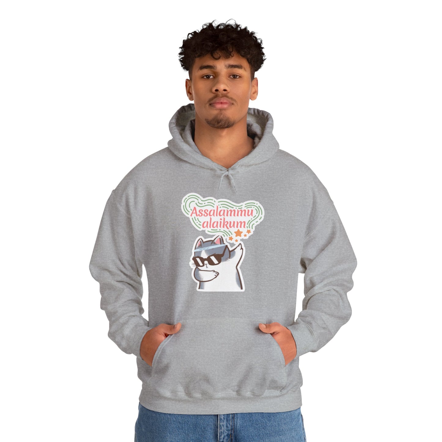 Assalamualaikum Typographic Hoodie - Cat Sunglasses Graphic Cozy Soft Cotton Unisex Hoodie