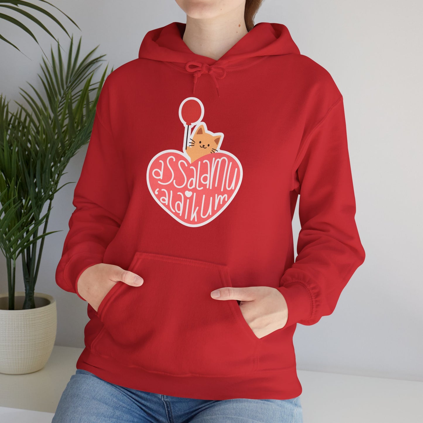 Assalamualaikum Typographic Hoodie - Cute Cat Heart Balloon Graphic Cozy Soft Cotton Unisex Hoodie