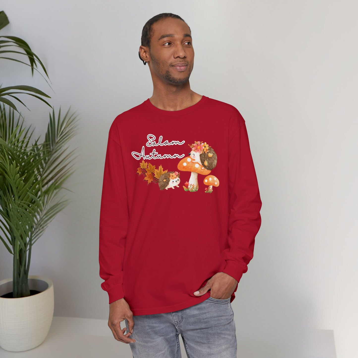 Salam Autumn Cute Hedgehog Mushroom Graphic Long-Sleeve Tee T-Shirt - Cozy Autumn Cute Hedgehog Mushroom Graphic Unisex Long-Sleeve Tee