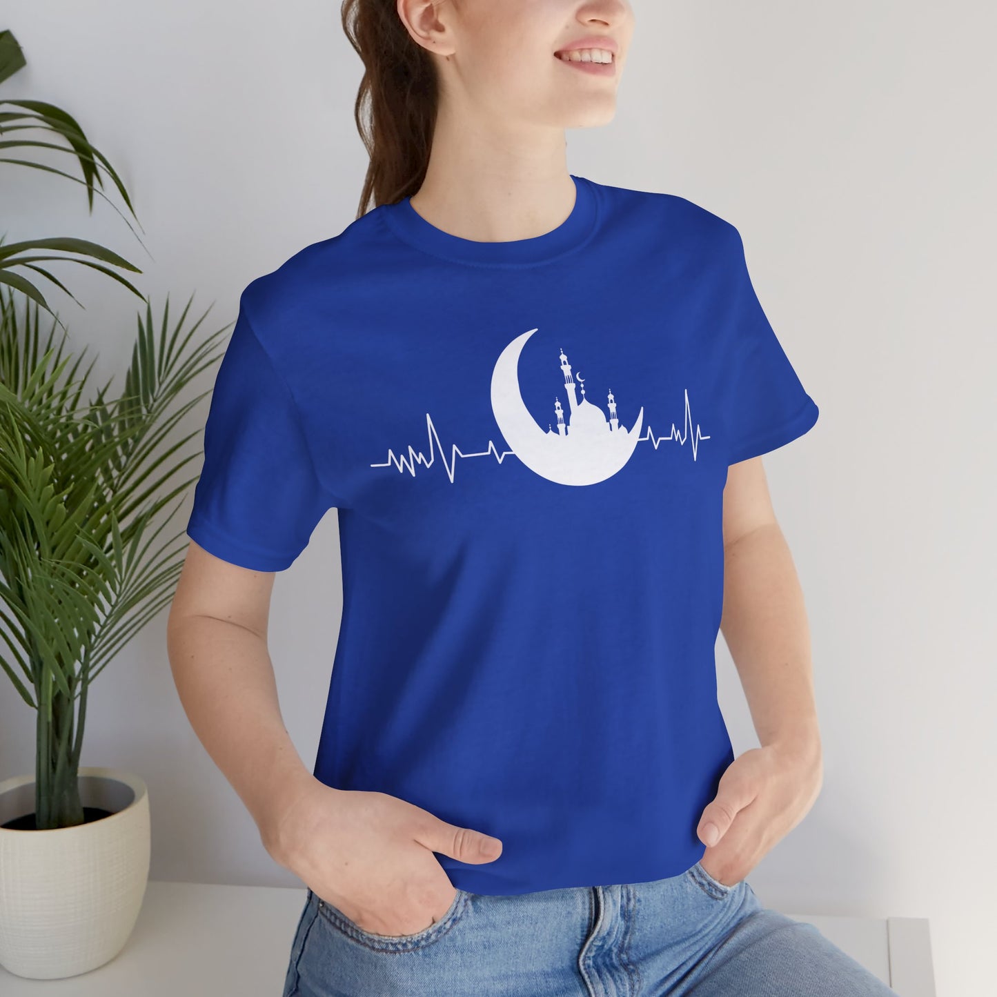 Moonlit Heartbeat Crescent Mosque Graphic Tee T-Shirt - Cozy Soft Cotton Graphic Unisex Tee