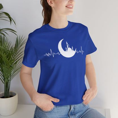 Moonlit Heartbeat Crescent Mosque Graphic Tee T-Shirt - Cozy Soft Cotton Graphic Unisex Tee