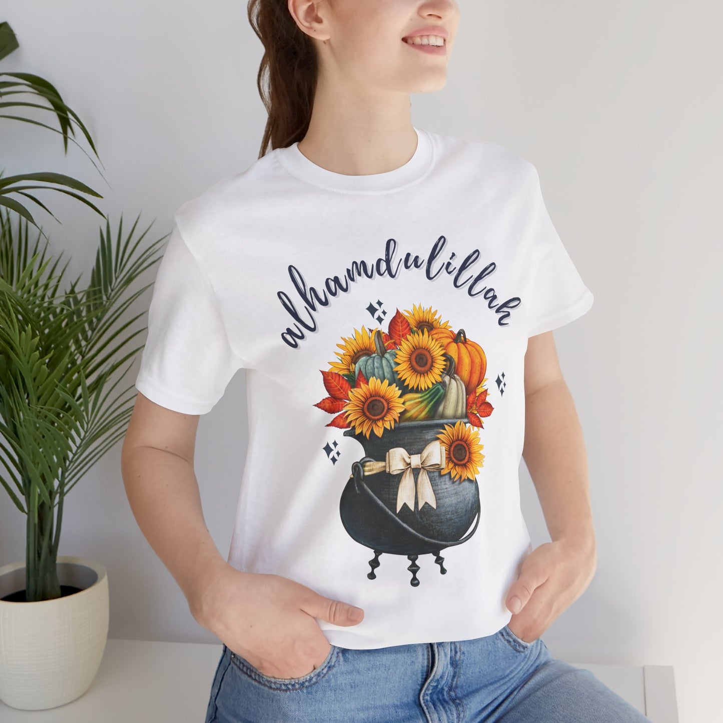 Alhamdulillah Classic Pot Floral Gratitude Graphic Tee T-Shirt - Alhamdulillah Typography Islamic Unisex Tee